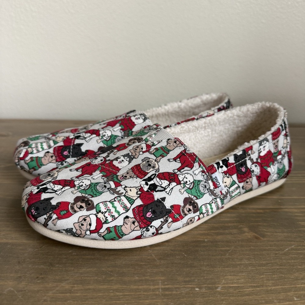 Toms Womens 7.5 Belmont Glacier Holiday Sweater Dogs Slip Ons Flats Fleece Lined